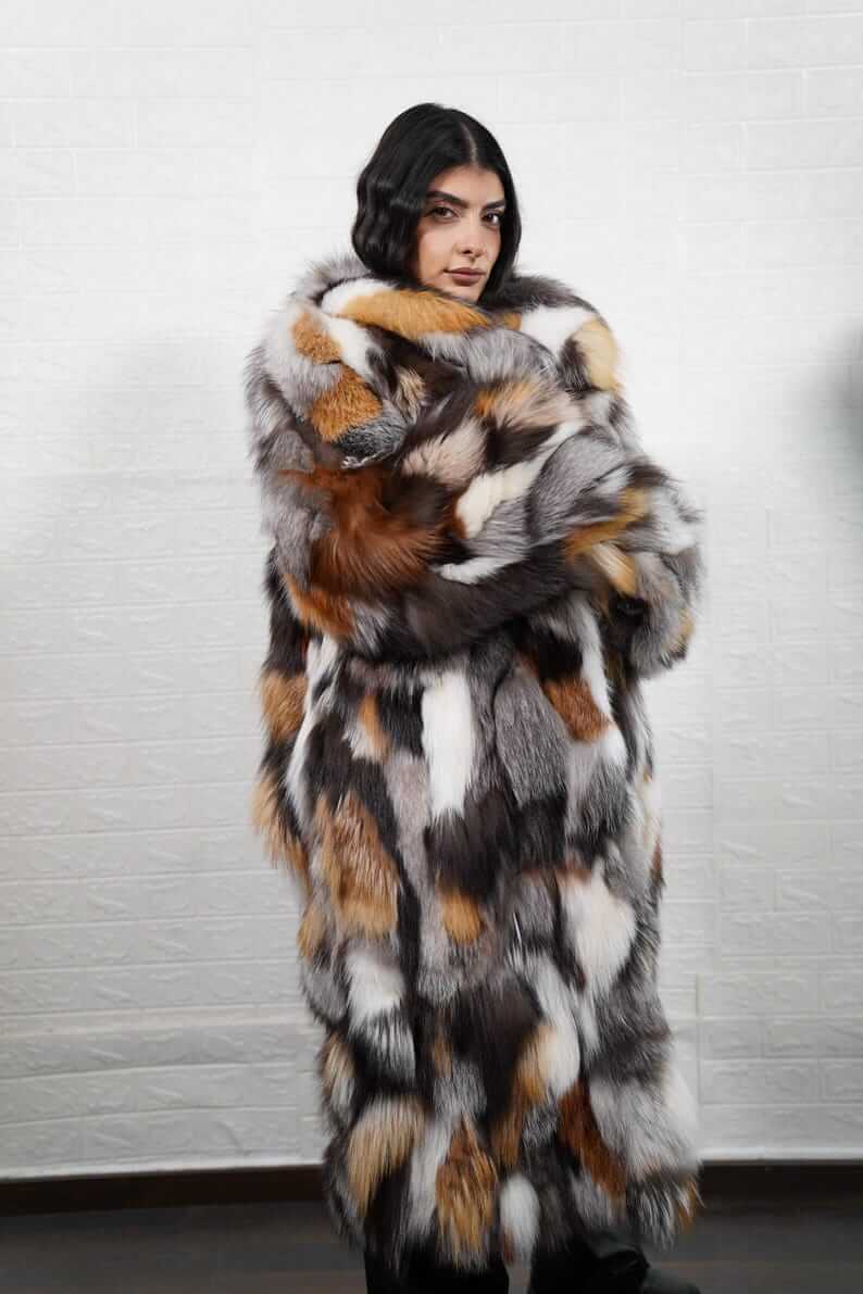 Fox Fur Coat Long Gross Natural with collar - Tatifurs, showcasing luxurious fur pattern and unique design.