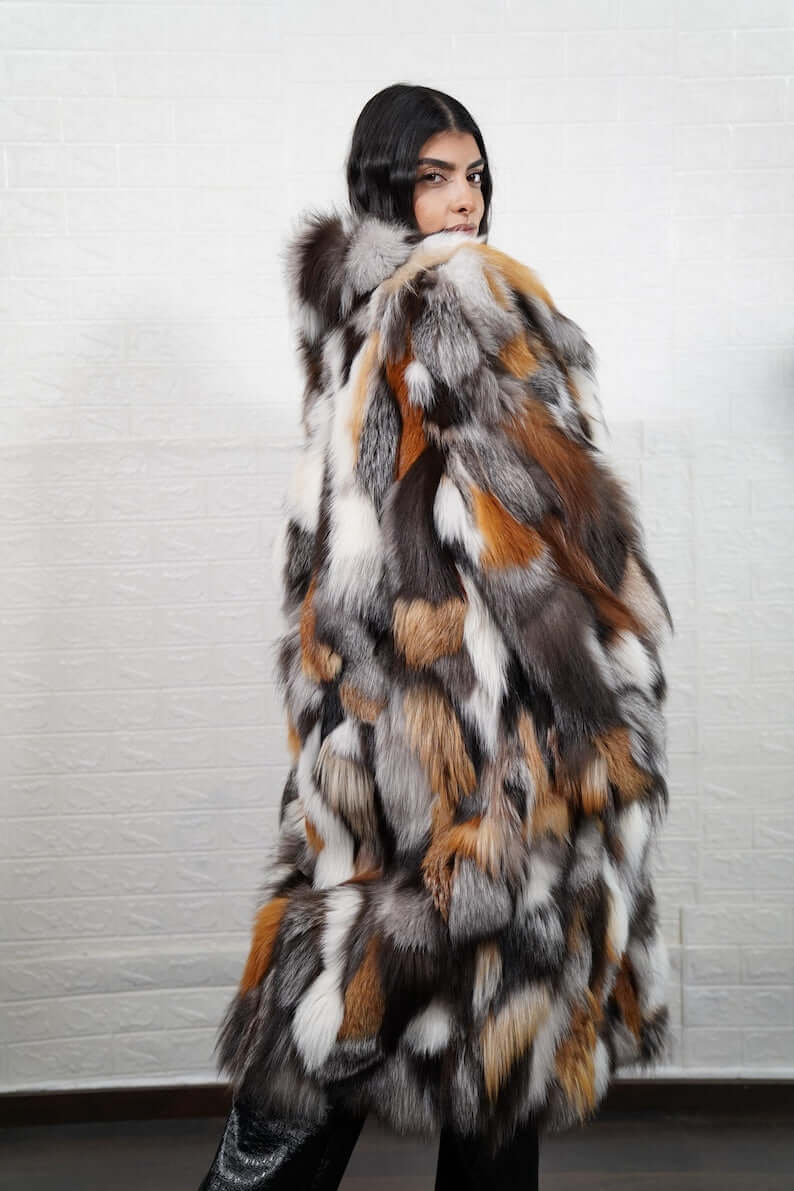 Fox Fur Coat Long Gross Natural with collar - Tatifurs, showcasing a luxurious mix of fox fur colors with an elegant design.