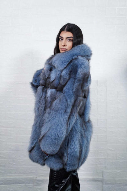 Fox Fur Jacket BlueJean Coat Collared - Tatifurs showcased on model, featuring plush collar and rich blue tones.
