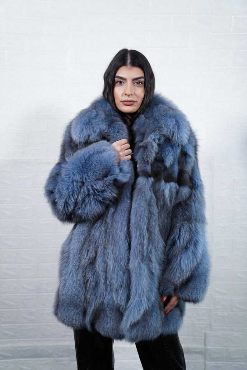 Fox Fur Jacket BlueJean Coat Collared - Tatifurs worn by a model, showcasing its luxurious blue color and plush collar.
