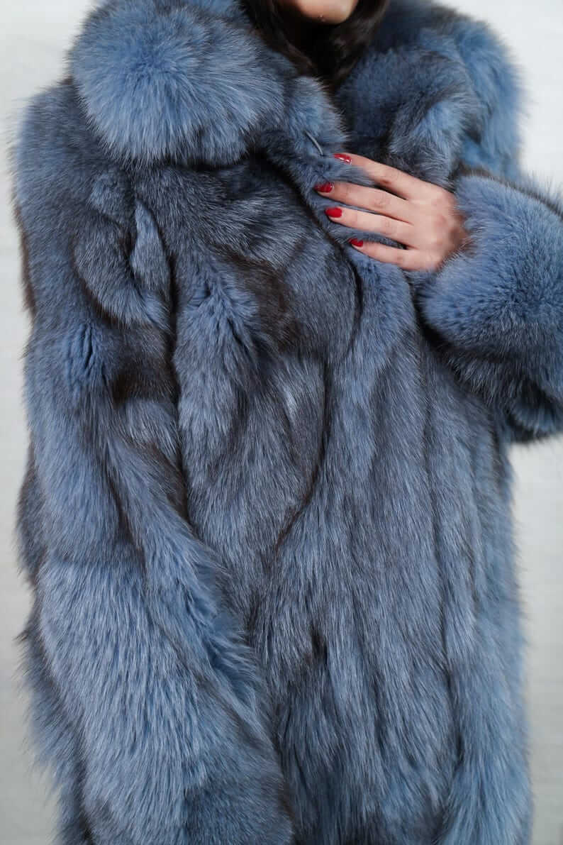 Fox Fur Jacket BlueJean Coat Collared - Tatifurs worn, showcasing plush collar and rich blue tones.