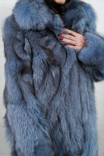 Fox Fur Jacket BlueJean Coat Collared - Tatifurs worn, showcasing plush collar and rich blue tones.