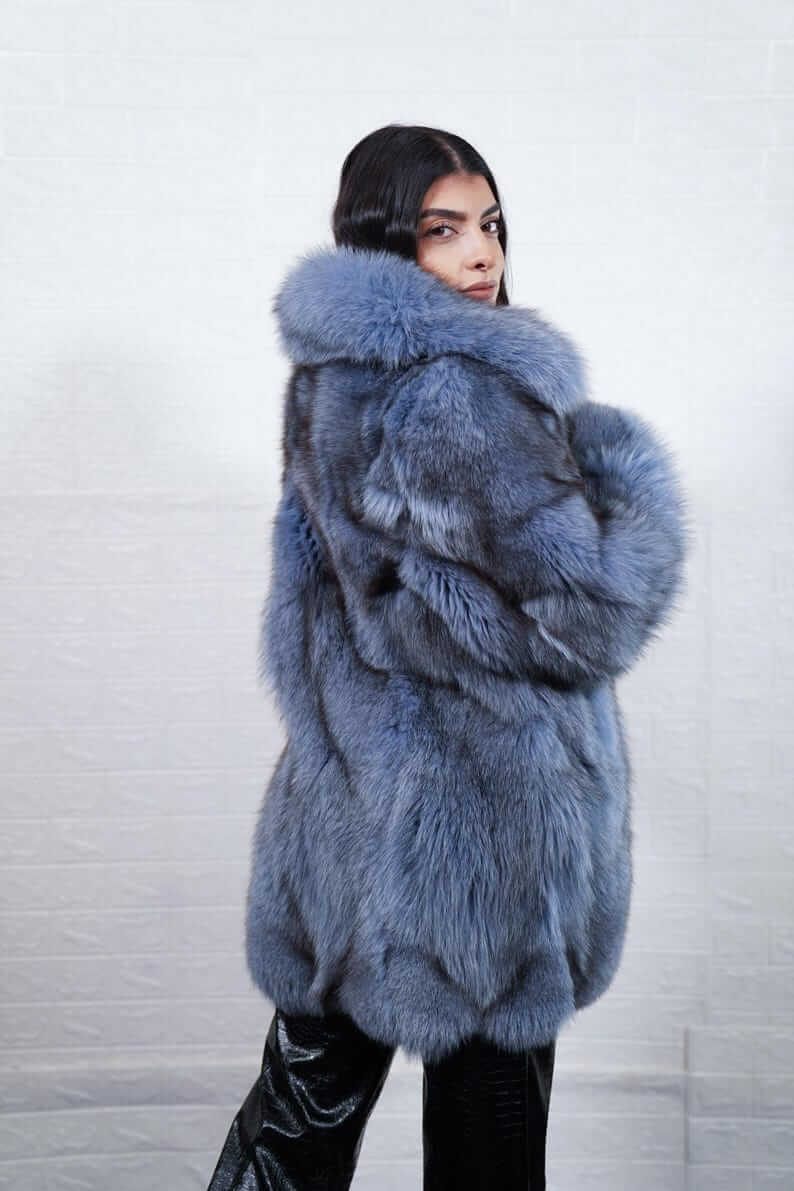 Fox Fur Jacket BlueJean Coat Collared - Tatifurs worn by a model, showcasing its plush blue fur and stylish collar.