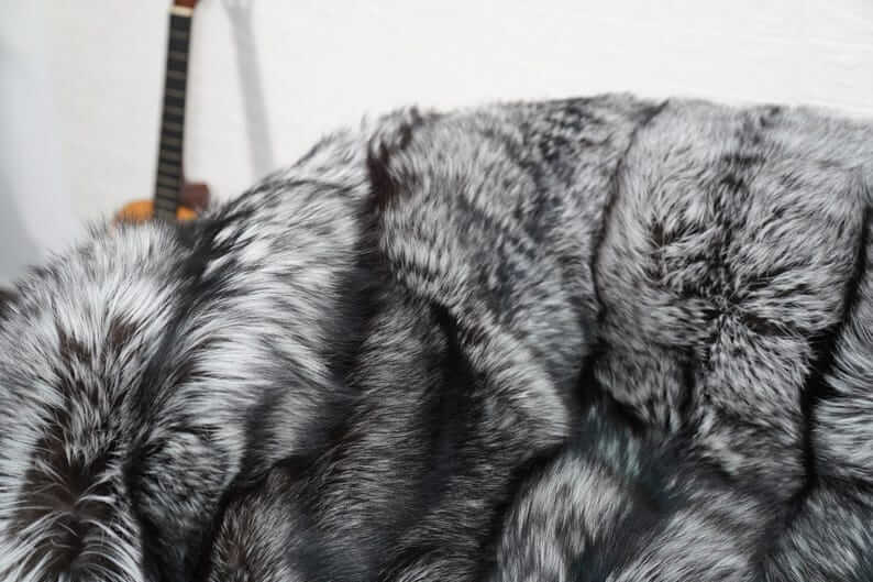 Fox Fur Blanket Throw Silver Natural - Tatifurs, luxurious silver fox fur texture close-up, soft and elegant.