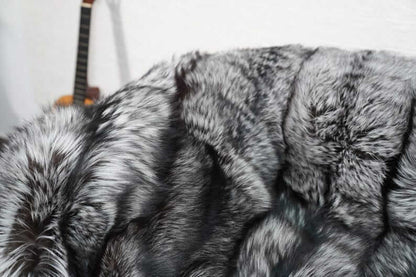 Fox Fur Blanket Throw Silver Natural - Tatifurs, luxurious silver fox fur texture close-up, soft and elegant.