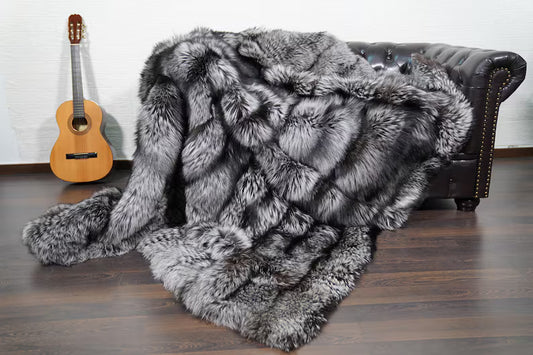 Natural silver fox fur throw blanket full skin — front view, TatiFurs
