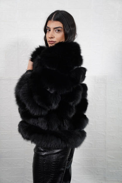 Black Fox Fur Short Jacket with Leather Lines