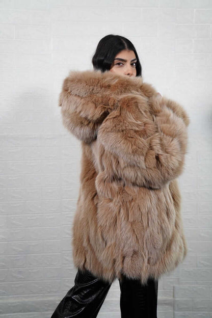 Fox Fur Jacket Brown Hooded with Zipper - Tatifurs, model wearing luxurious camel brown fox fur jacket.
