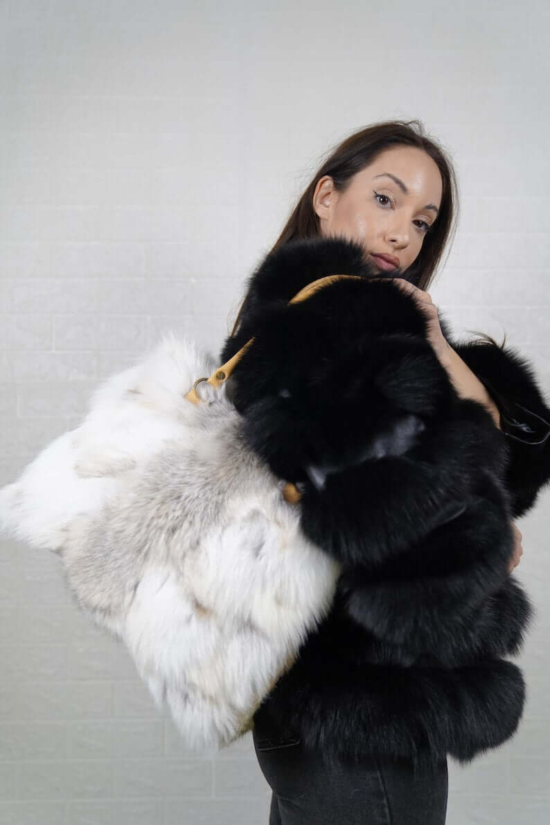 Natural golden fox fur bag interior and closure detail, TatiFurs
