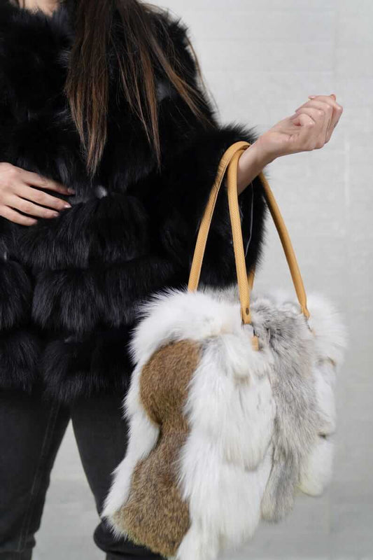 Natural golden fox fur bag side view showing length and height dimensions
