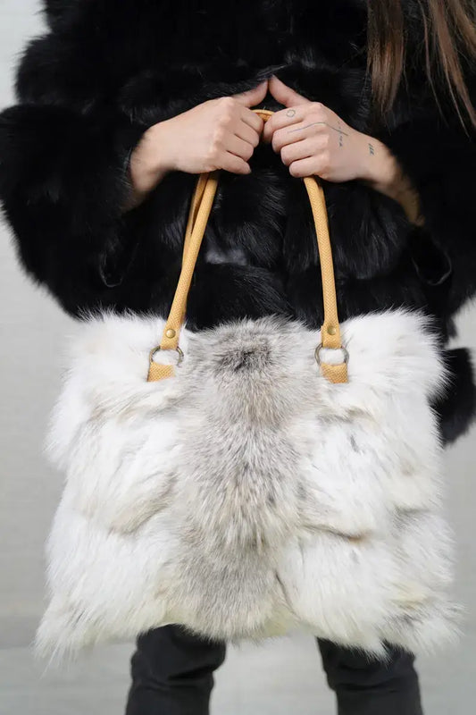 Natural golden fox fur bag — front view, TatiFurs
