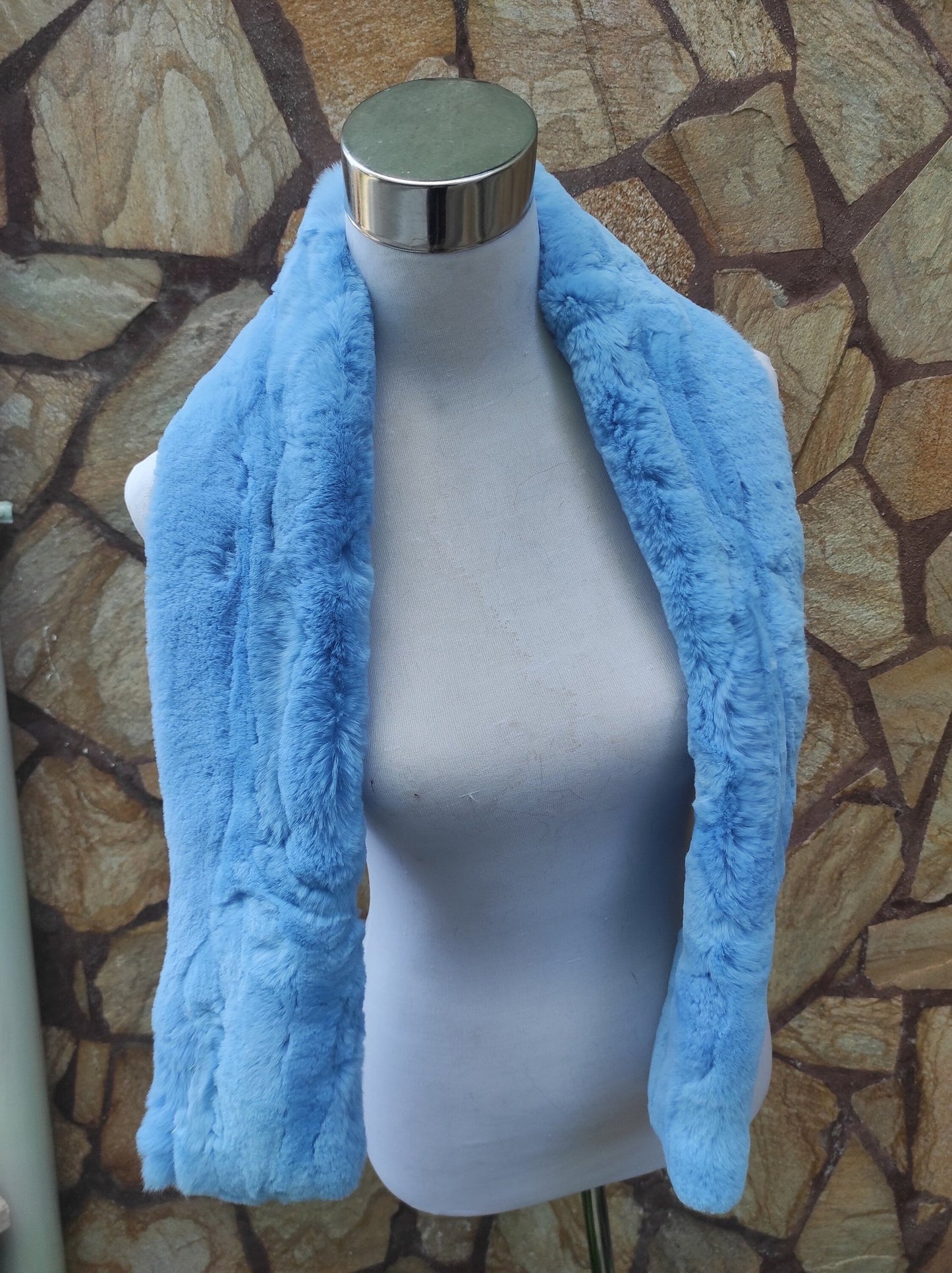 Rex Rabbit Fur Scarf Light Blue - Tatifurs displayed on a mannequin, showcasing its soft and dreamy texture.