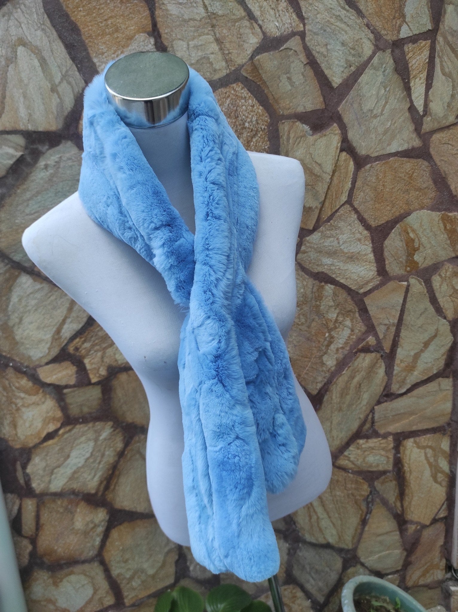 Rex Rabbit Fur Scarf Light Blue - Tatifurs displayed on a mannequin, showcasing its soft and airy texture.