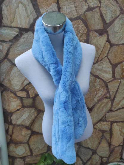 Rex Rabbit Fur Scarf Light Blue - Tatifurs displayed on a mannequin against a stone wall background.