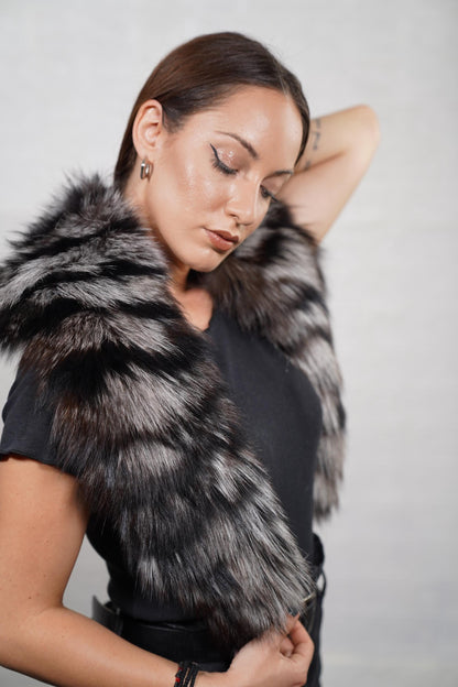 Plush fox fur collar with soft, fluffy texture