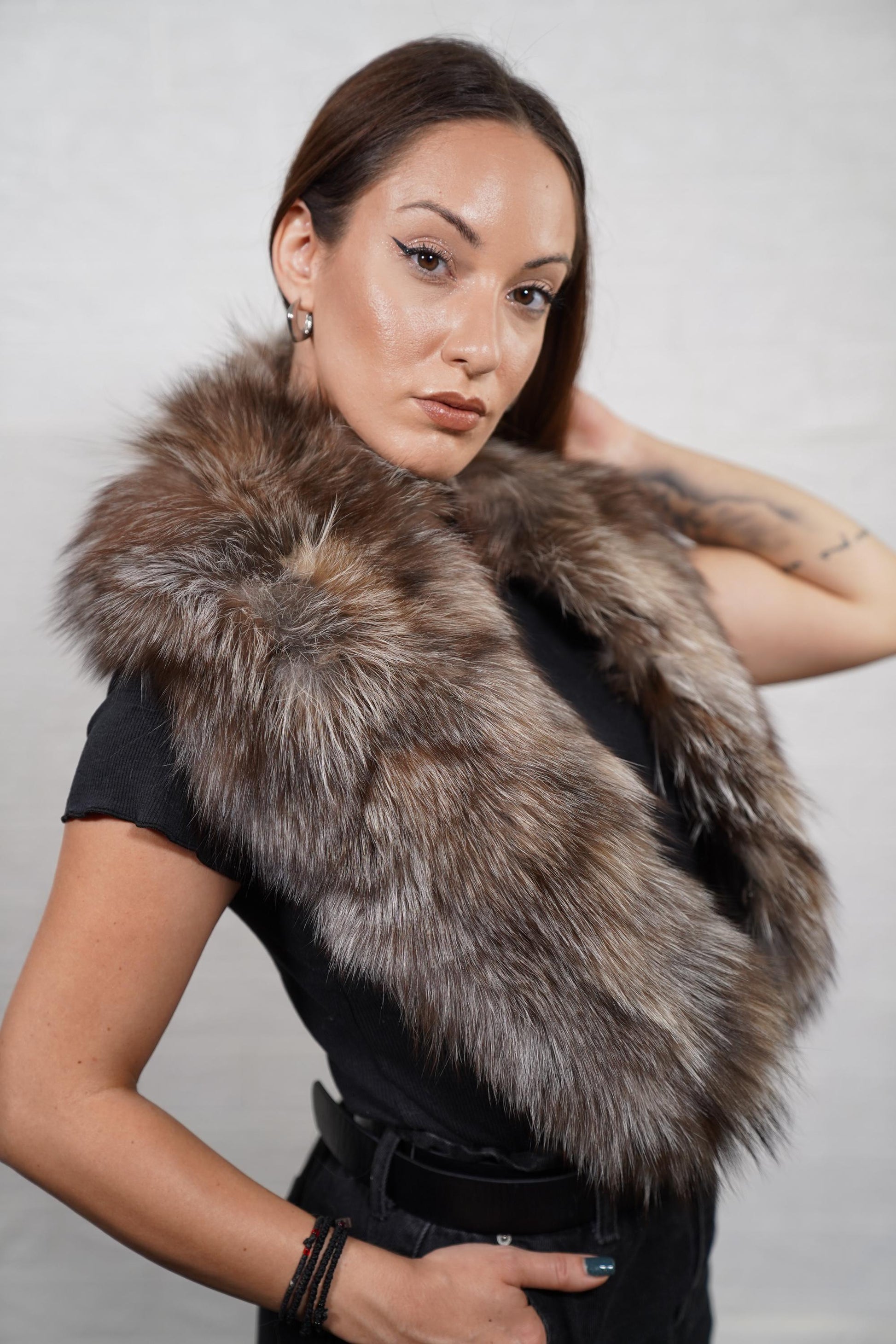 Real crystal fox fur collar, natural color, premium handmade fashion
