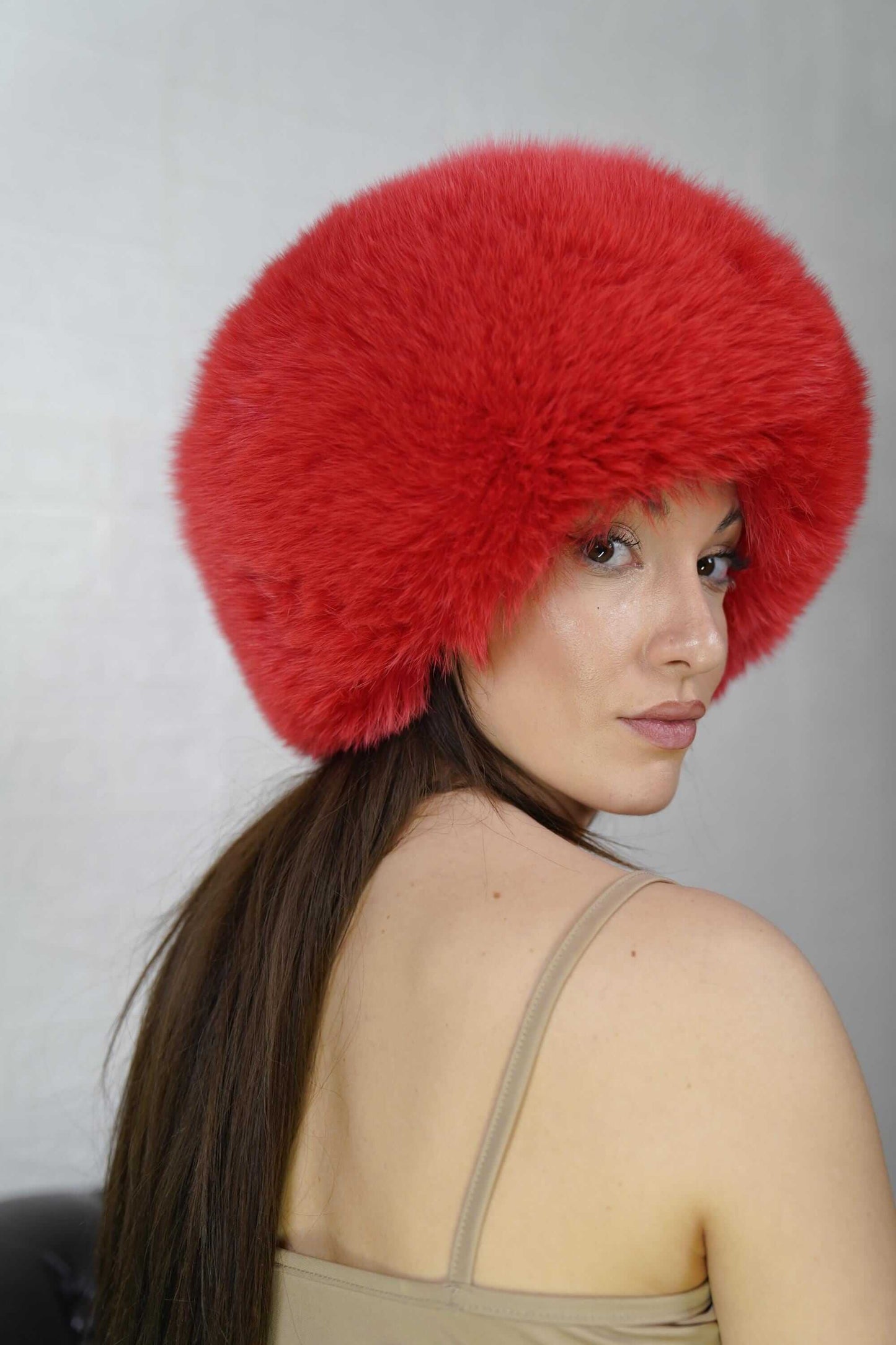 Fox fur hat red full skin adjustable women — front view worn, TatiFurs

