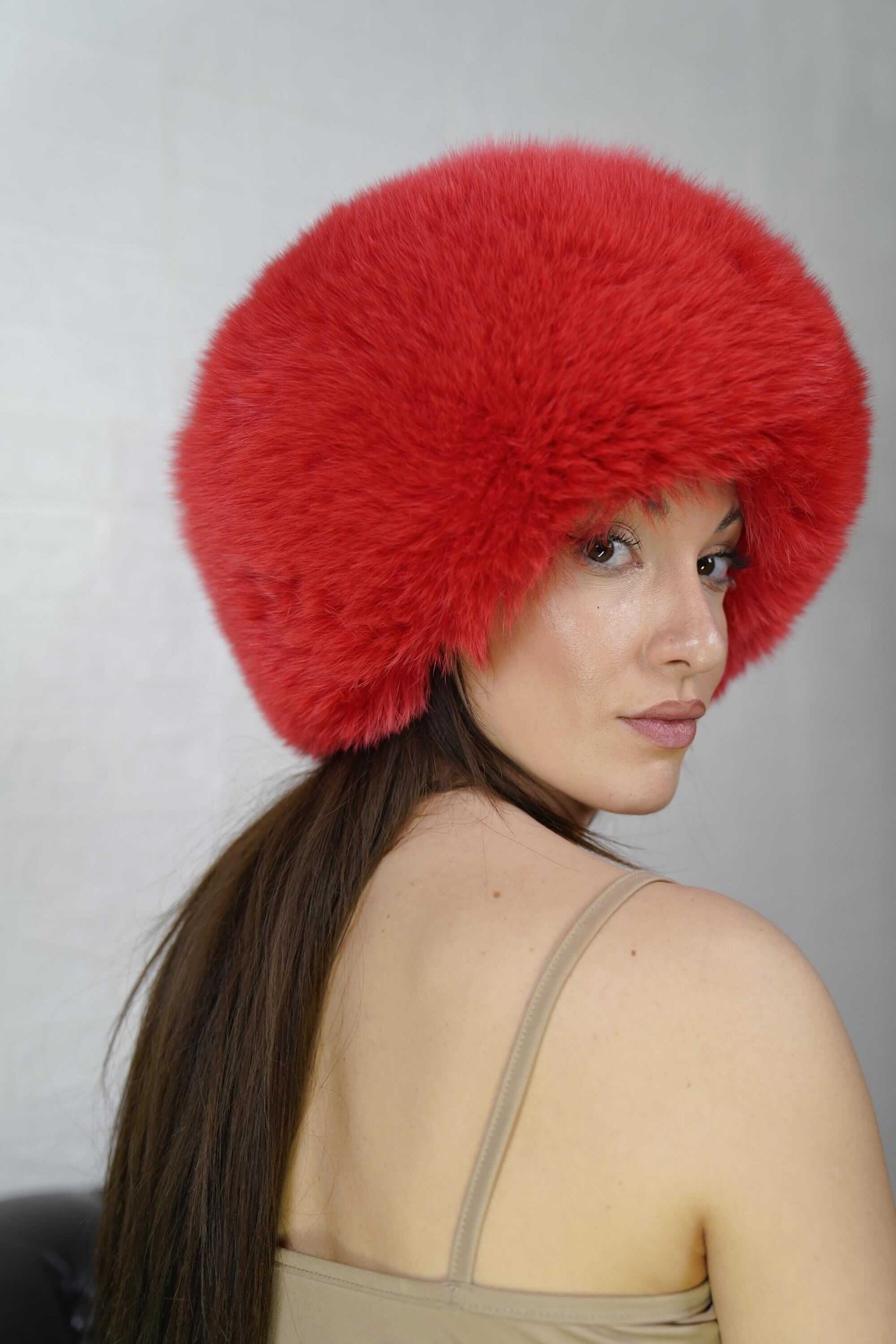 Fox fur hat red full skin adjustable women — front view worn, TatiFurs
