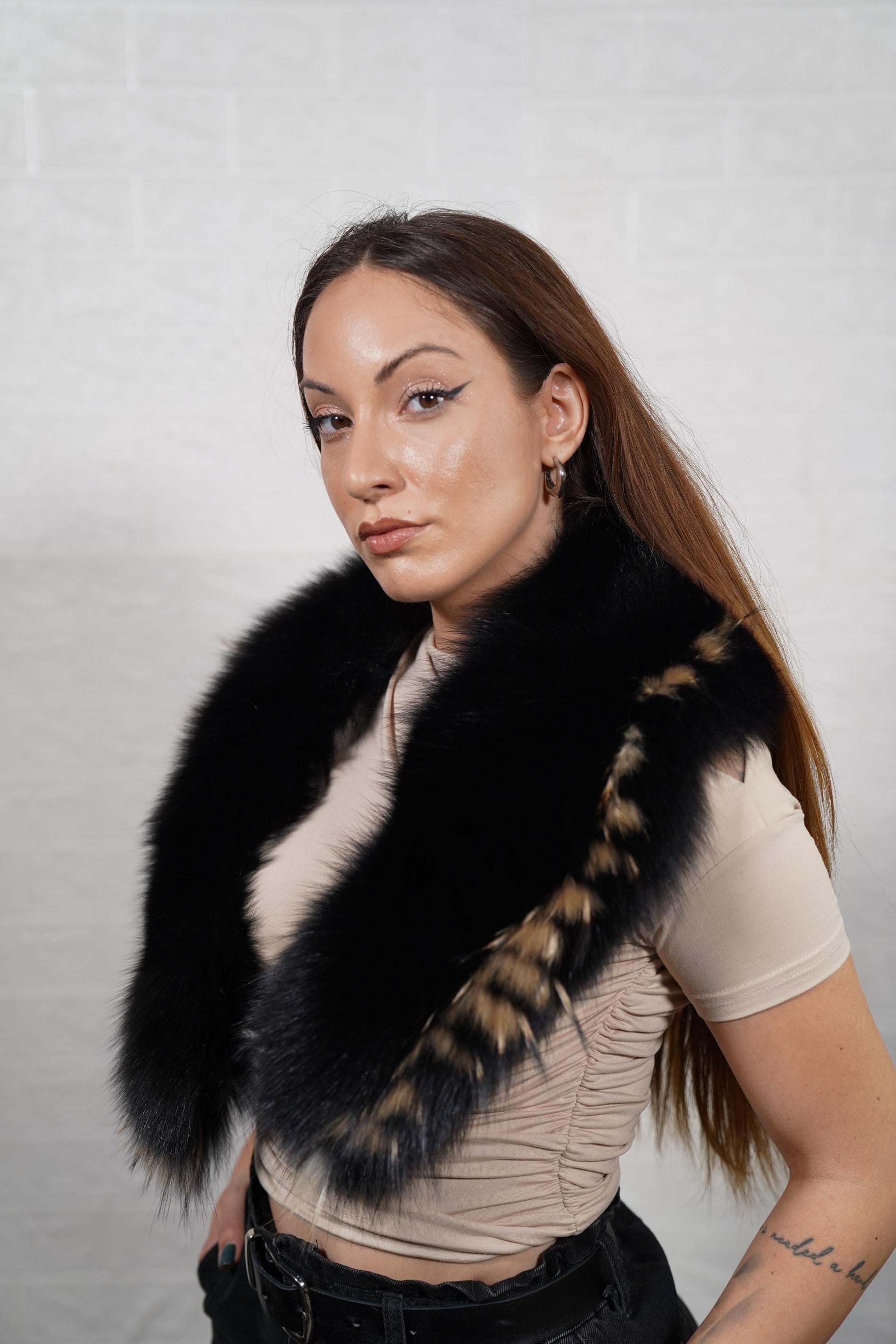Plush fox fur collar with soft, fluffy texture