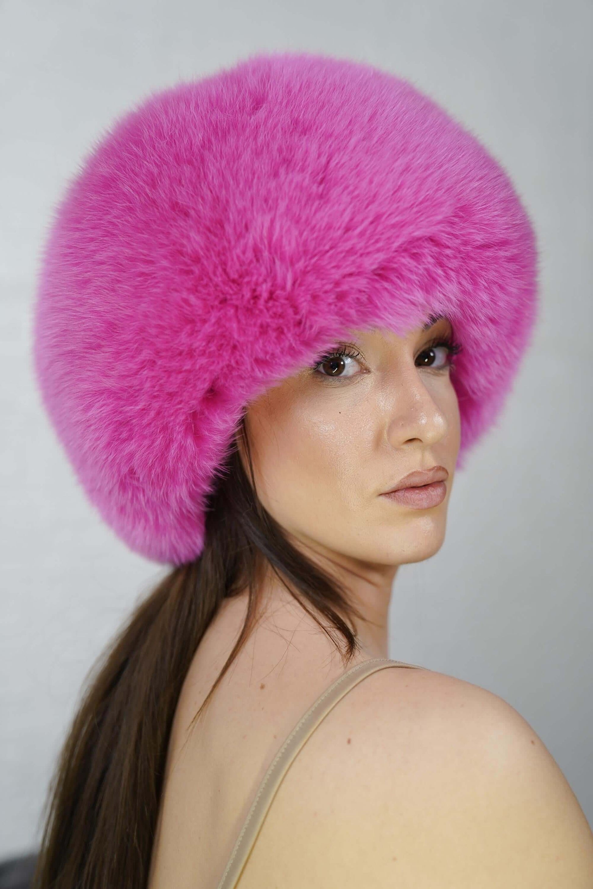 Fox Fur Hat Pink Full Skin - Tatifurs, vibrant fuchsia pink fox fur hat for winter warmth and style.