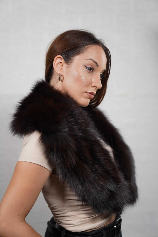 Fox Fur Collar Dark Brown Full Skin - Tatifurs worn by a model, showcasing its luxurious volume and rich tones.