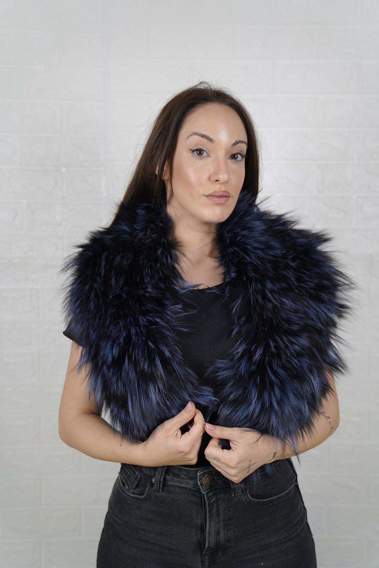 Plush fox fur collar with soft, fluffy texture