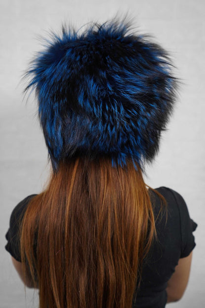 Fox Fur Hat Blue Black - Tatifurs worn by a model showing the back view of the luxurious fur design.