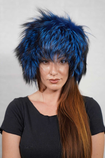 Fox Fur Hat Blue Black - Tatifurs model showcasing the stylish blue and black fox fur hat on a light background.
