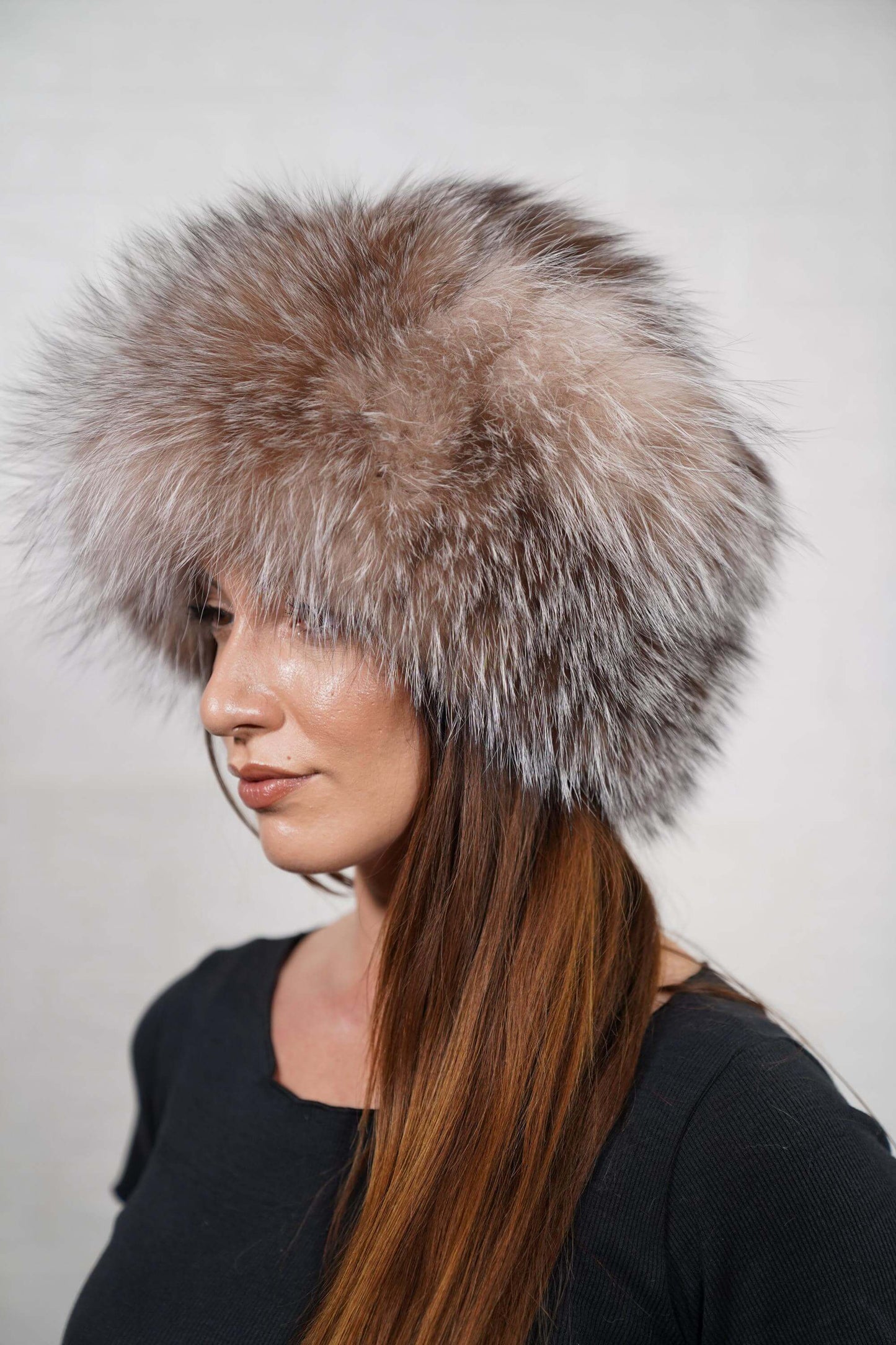 Fox fur hat crystal worn showing full voluminous round crystal fox fur silhouette and natural brown silver variation from front — Greek craftsmanship, TatiFurs
