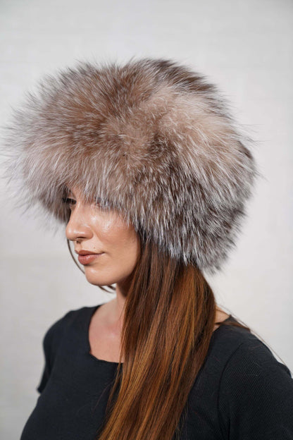 Fox fur hat crystal worn showing full voluminous round crystal fox fur silhouette and natural brown silver variation from front — Greek craftsmanship, TatiFurs
