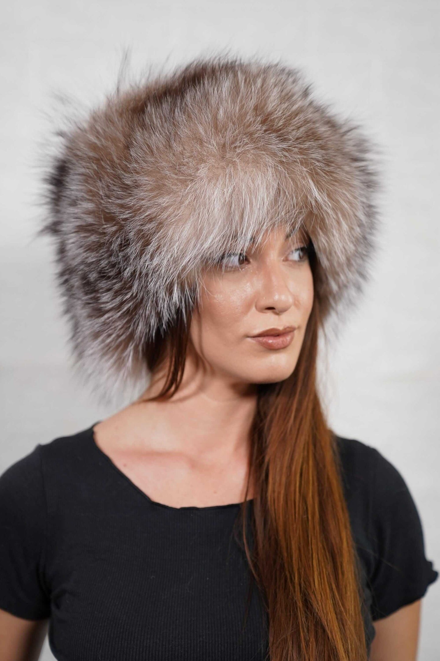 Fox fur hat crystal full skin adjustable women — front view worn, TatiFurs

