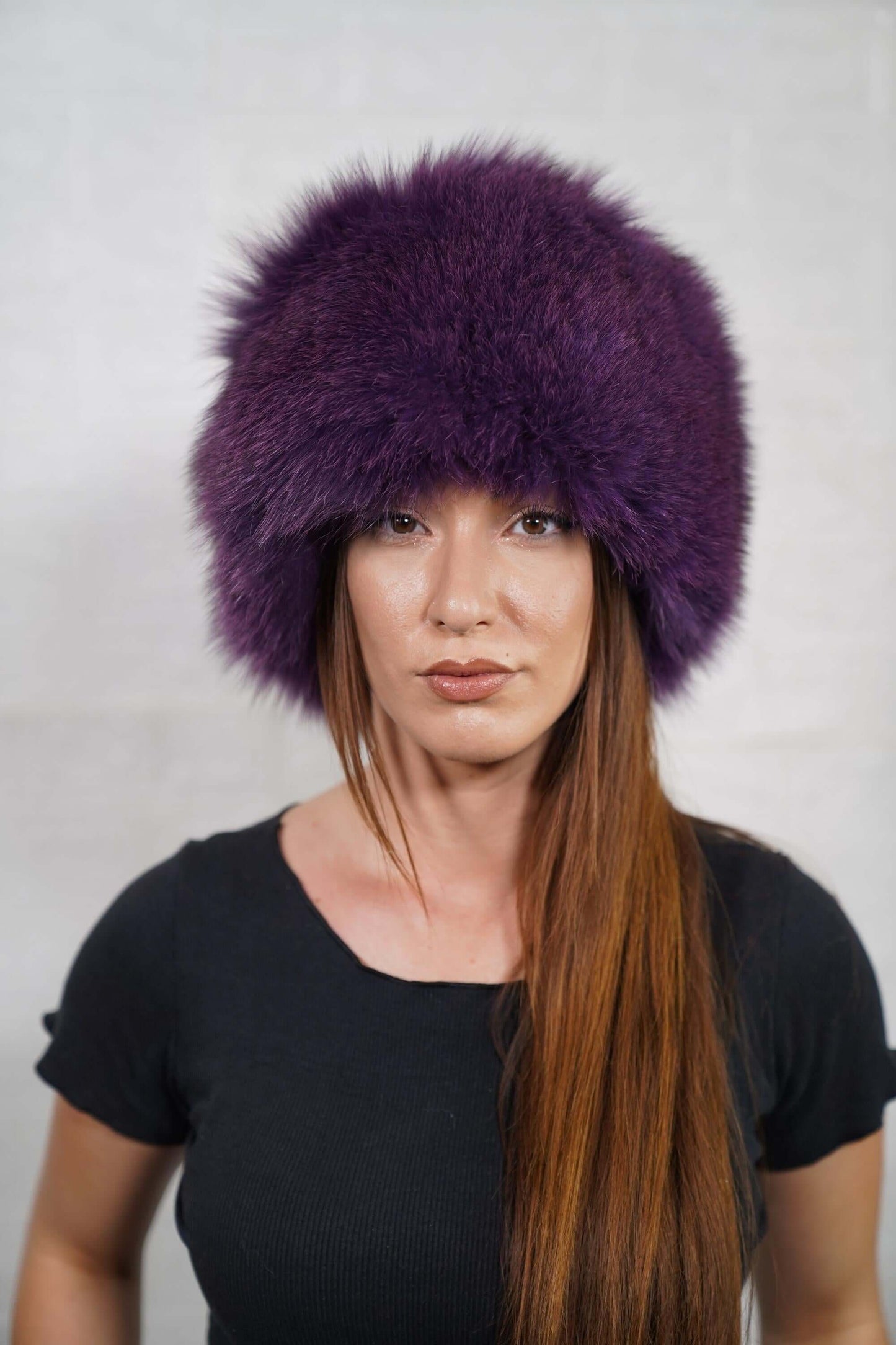 Fox fur hat purple full skin adjustable women — front view worn, TatiFurs
