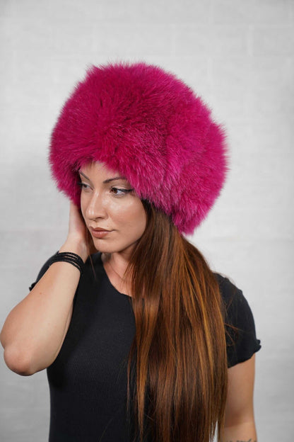 Fox Fur Hat Fuchsia Full Skin - Tatifurs worn by a model with long hair against a neutral background.