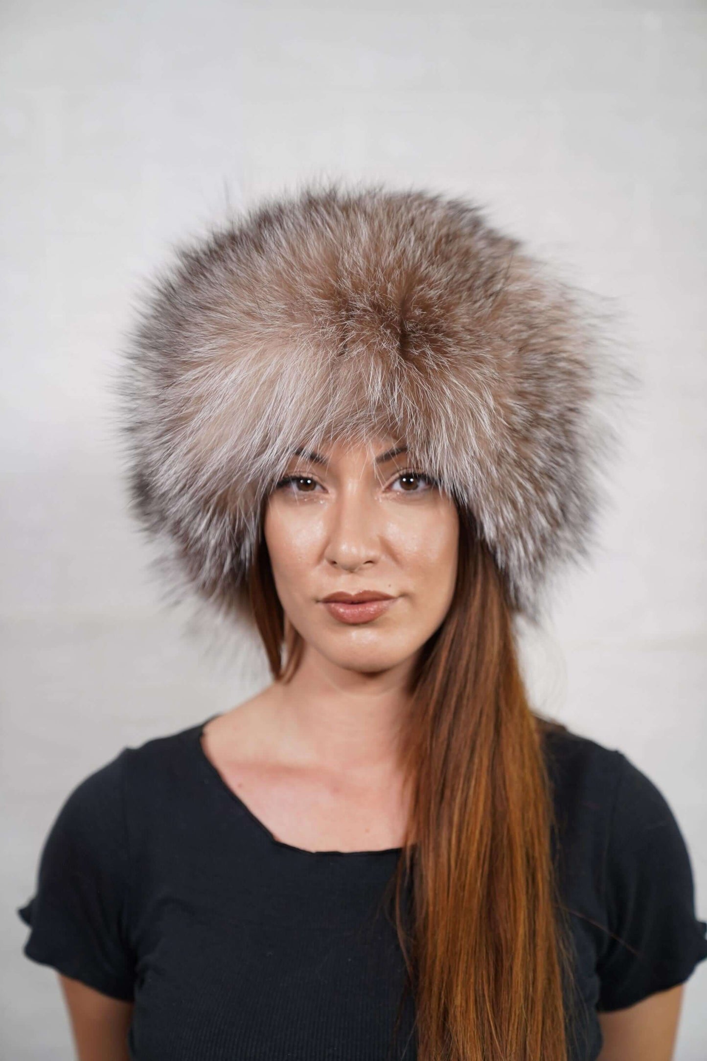 Fox fur hat crystal close-up texture showing full skin crystal fox long pile depth and natural warm brown to cool silver tonal variation — Greek craftsmanship, TatiFurs
