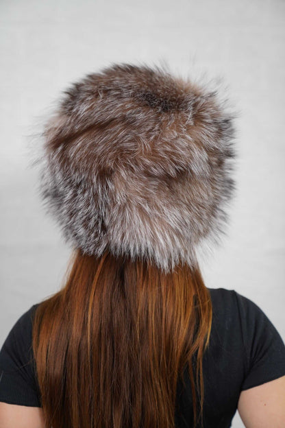 Fox fur hat crystal shown from the back displaying one button adjustable closure and consistent natural crystal fox fur surface — Greek craftsmanship, TatiFurs
