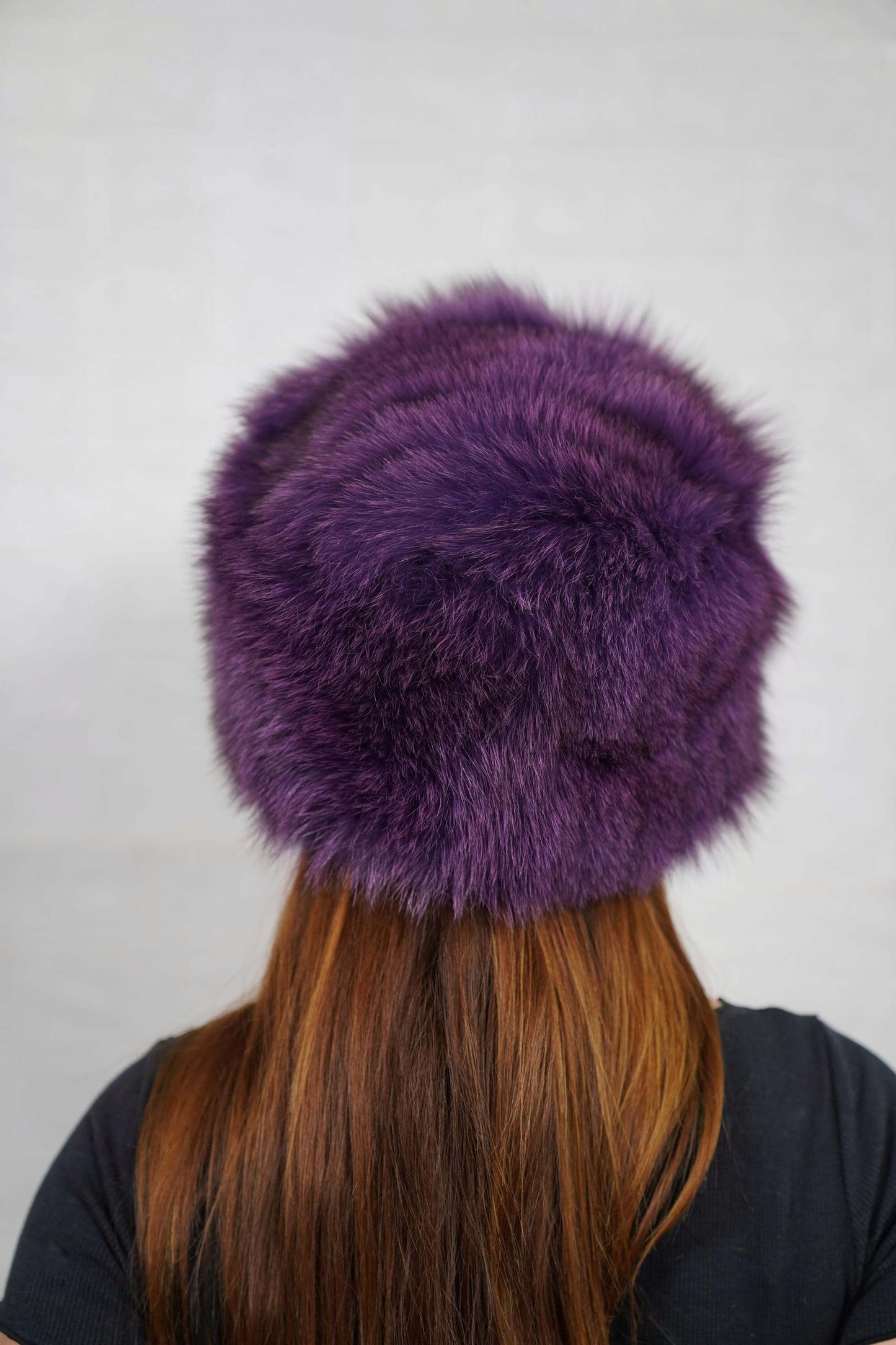 Fox Fur Hat Purple Full Skin - Tatifurs, luxurious purple fox fur hat shown from the back, perfect for winter style.