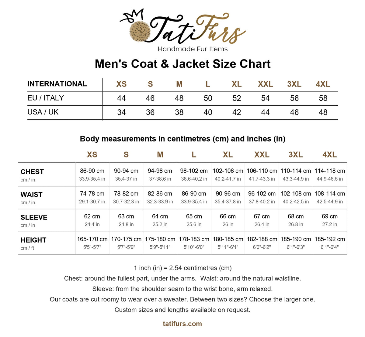 Men's coat and jacket size chart TatiFurs — sizes XS to 4XL, EU and USA/UK equivalents, chest, waist, sleeve and height in cm and inches