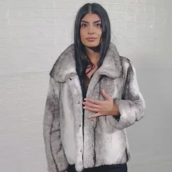 Mink fur jacket cross close-up texture showing cross cut horizontal pelt assembly and natural black white mink mix — Greek craftsmanship, TatiFurs
