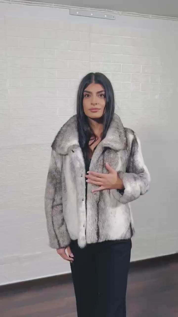 Mink fur jacket cross close-up texture showing cross cut horizontal pelt assembly and natural black white mink mix — Greek craftsmanship, TatiFurs
