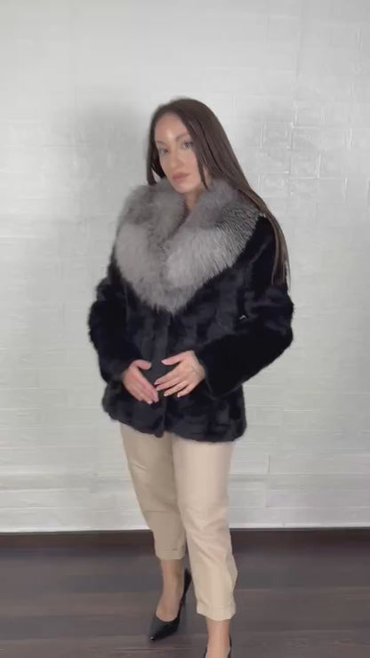 Mink fur jacket black fox collar patchwork — handcrafted in Greece, Greek craftsmanship, TatiFurs