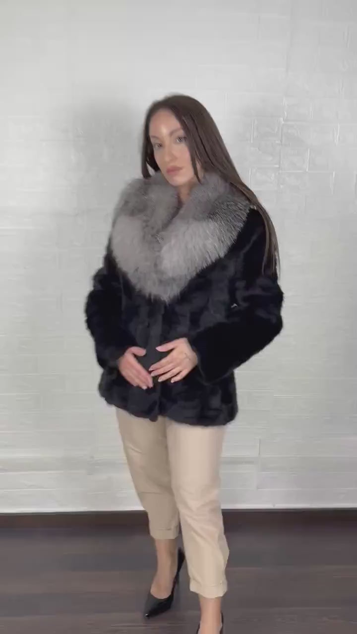 Mink fur jacket black fox collar patchwork — handcrafted in Greece, Greek craftsmanship, TatiFurs