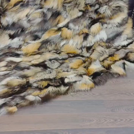 Fox Fur Blanket Throw Double Sided Gross Natural in orange, black, and silver hues on wooden floor.