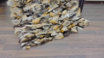 Fox Fur Blanket Throw Double Sided Gross Natural in orange, black, and silver hues on wooden floor.