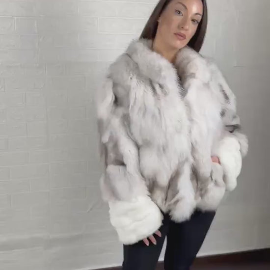 Fox Fur Jacket Natural Blue collared - Tatifurs on model, showcasing luxury and warmth perfect for winter.