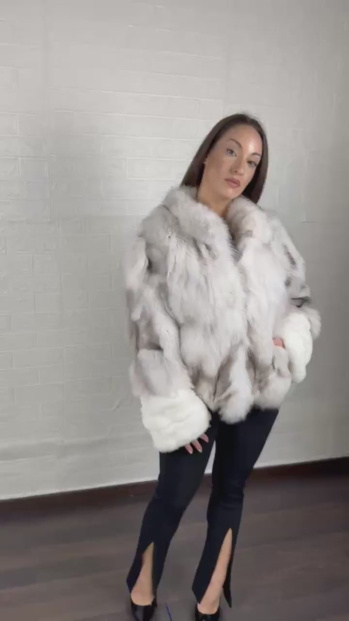 Fox Fur Jacket Natural Blue collared - Tatifurs on model, showcasing luxury and warmth perfect for winter.
