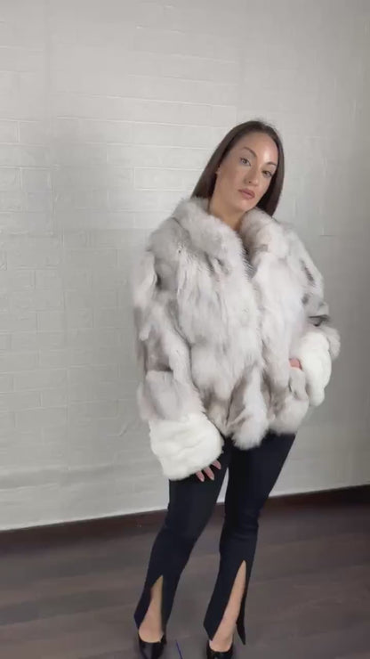 Fox Fur Jacket Natural Blue collared - Tatifurs on model, showcasing luxury and warmth perfect for winter.