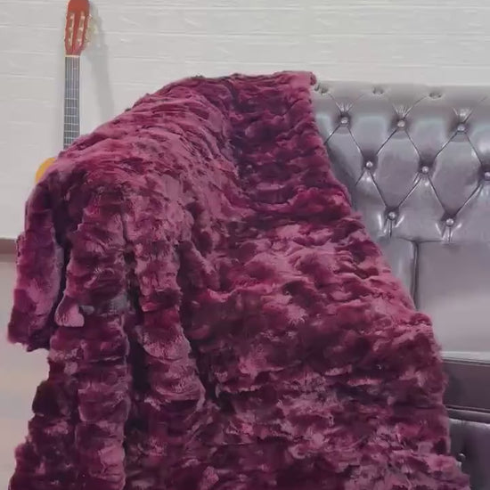 rex rabbit fur throw blanket red burgundy — deep wine-red saturated colour, rich surface depth — Greek craftsmanship, TatiFurs
