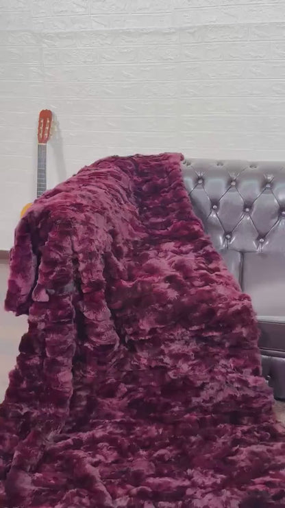 rex rabbit fur throw blanket red burgundy — deep wine-red saturated colour, rich surface depth — Greek craftsmanship, TatiFurs
