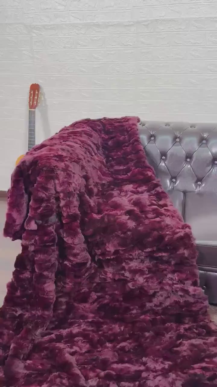rex rabbit fur throw blanket red burgundy — deep wine-red saturated colour, rich surface depth — Greek craftsmanship, TatiFurs
