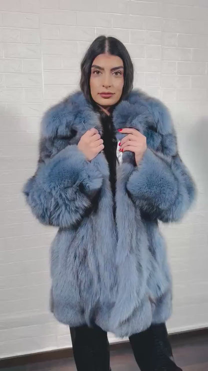 Fox Fur Jacket BlueJean Coat Collared - Tatifurs, model showcasing luxurious blue coat with plush collar.